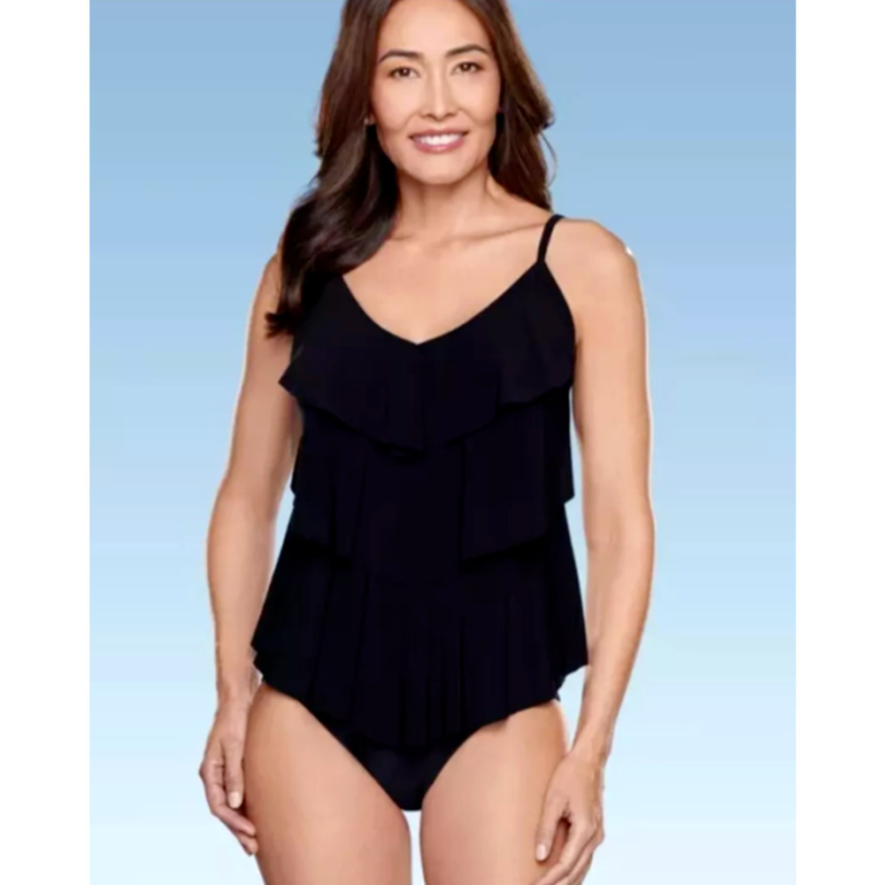 Women's UPF 50 Tiered Tankini Top Aqua Green Black X Strap Layered Medium Swim